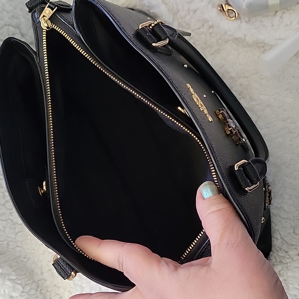 Coach Carryall Bag Black Pebble leather with embroidery Bee and Crystal Flowers - Picture 5 of 7